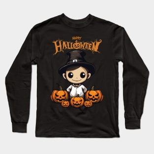 Cute Boy in Witch Hat and Spooky Pumpkin, Happy Halloween Long Sleeve T-Shirt